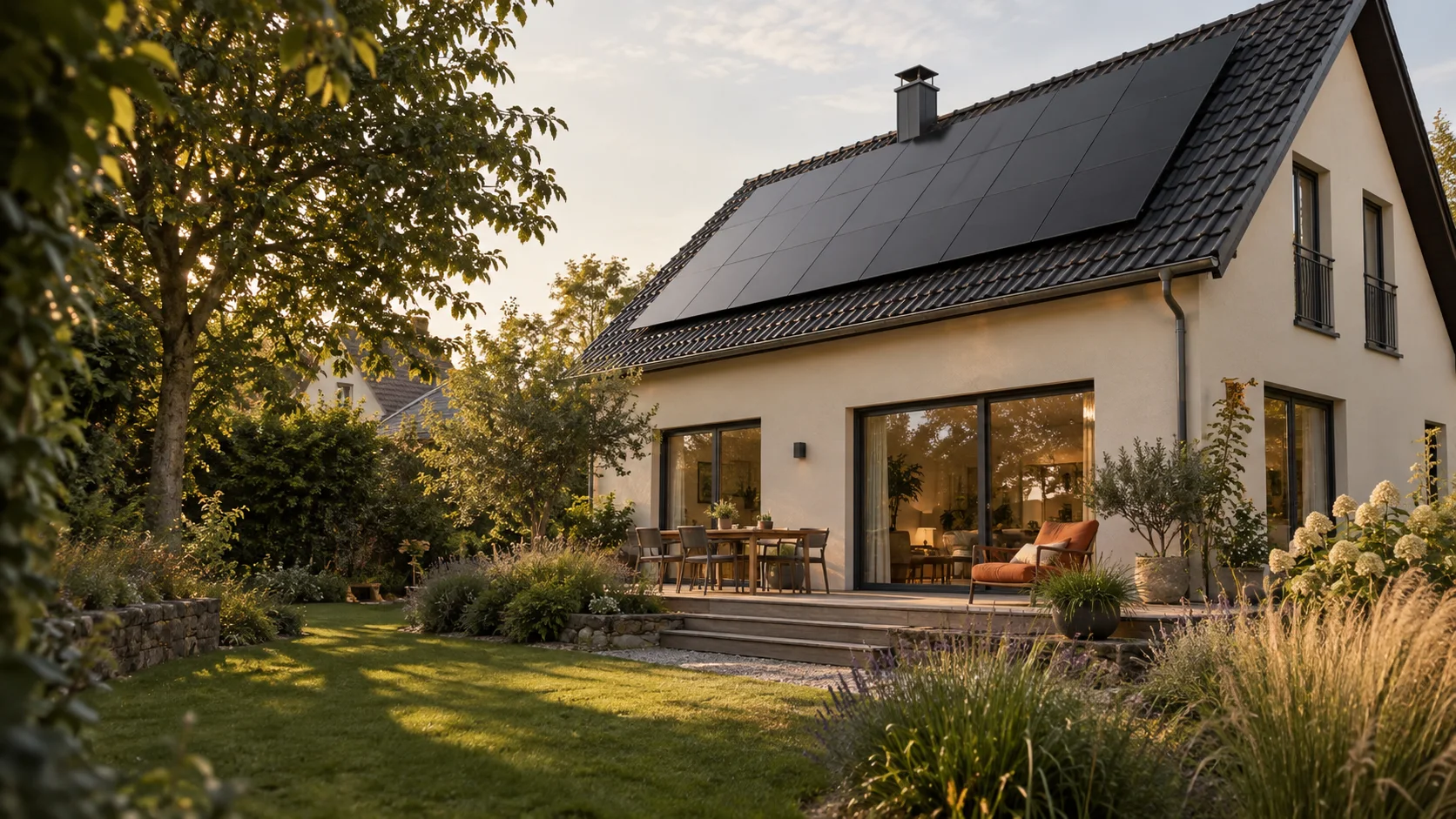 KI-Visualisierung eines Hauses mit Solardach und wohnlichem Garten
