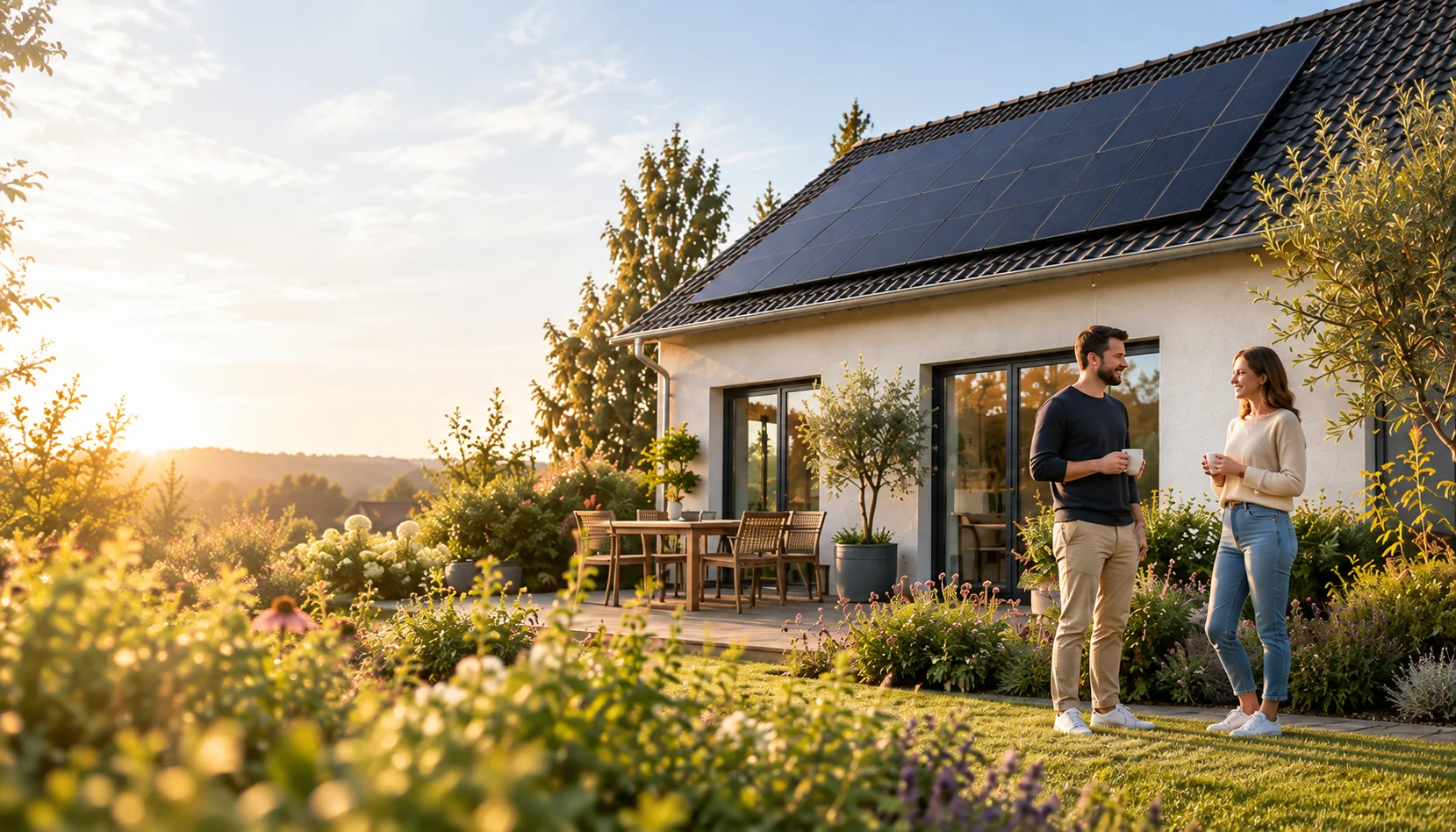 Visualisierung eines Hauses mit Solaranlage und einem Paar im Garten