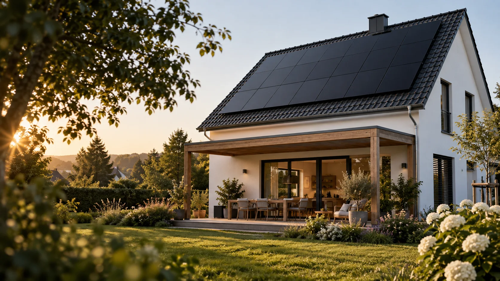 Illustration eines Wohnhauses mit Solarmodulen auf dem Dach