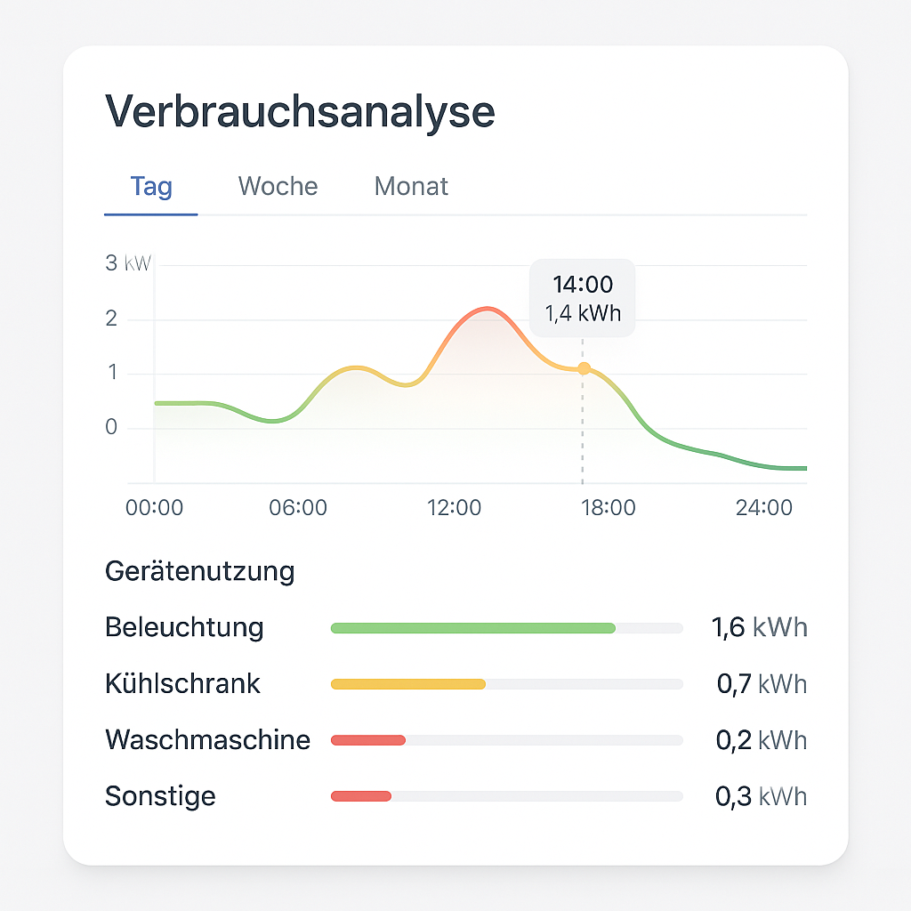 Clara Verbrauchsanalyse mit Gerätenutzen, Stromverbrauchskurve und Tagesübersicht