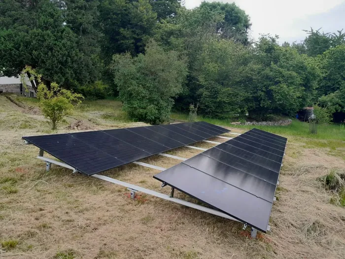Aufgeständerte Solarmodule auf einer Wiese